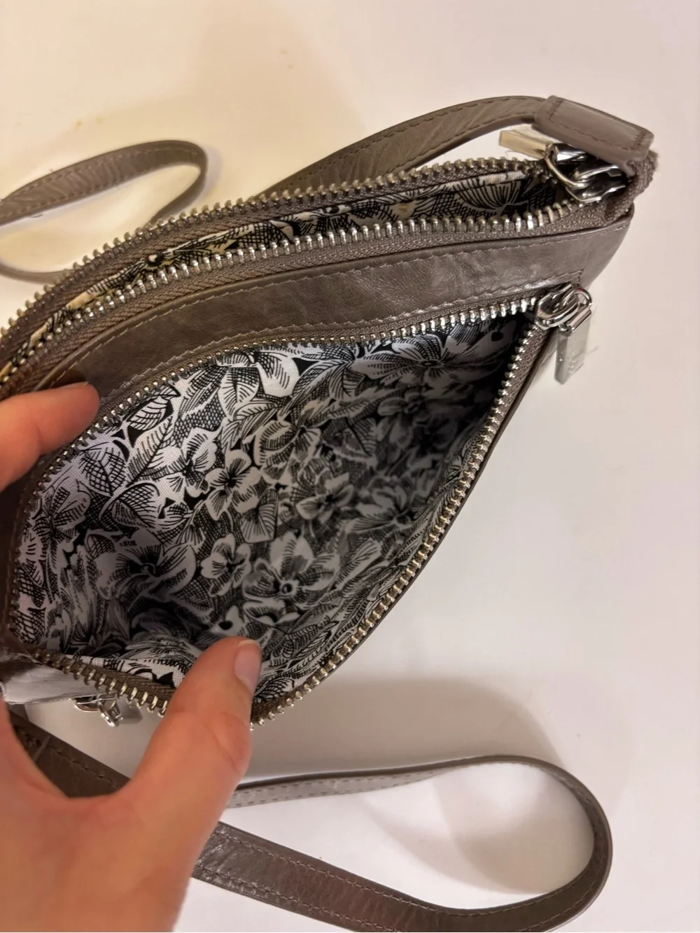 HOBO Gray Leather Crossbody & Shoulder Purse with Dual Zip Pockets on front